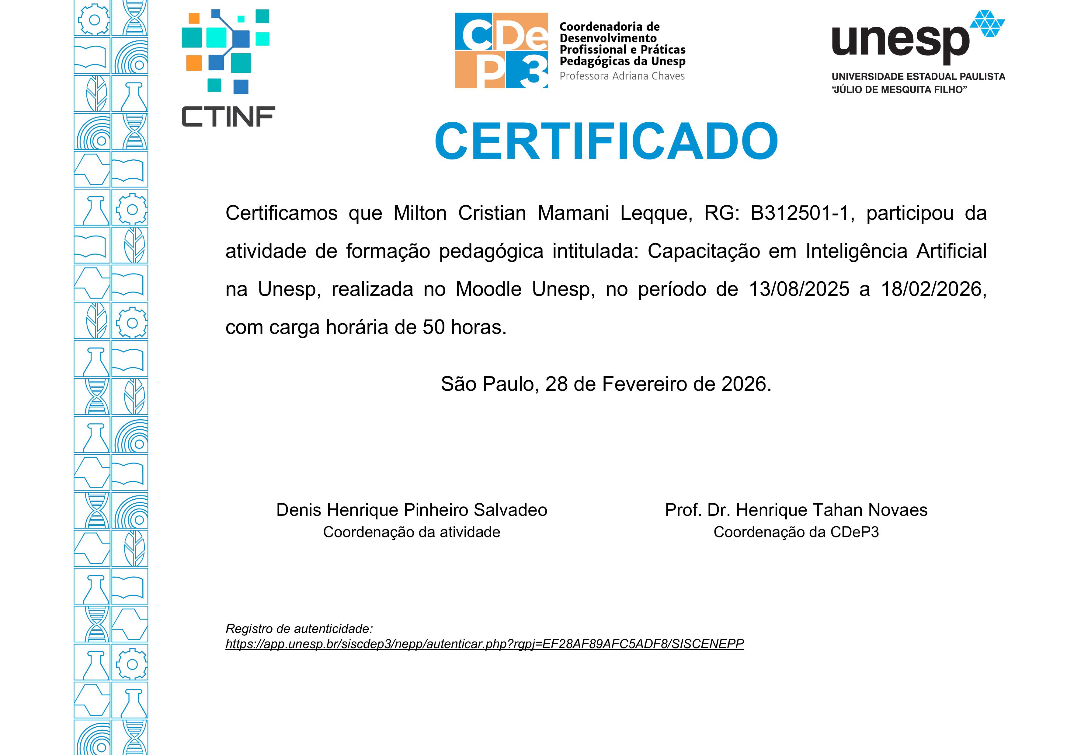 Artificial Intelligence Training UNESP Certificate