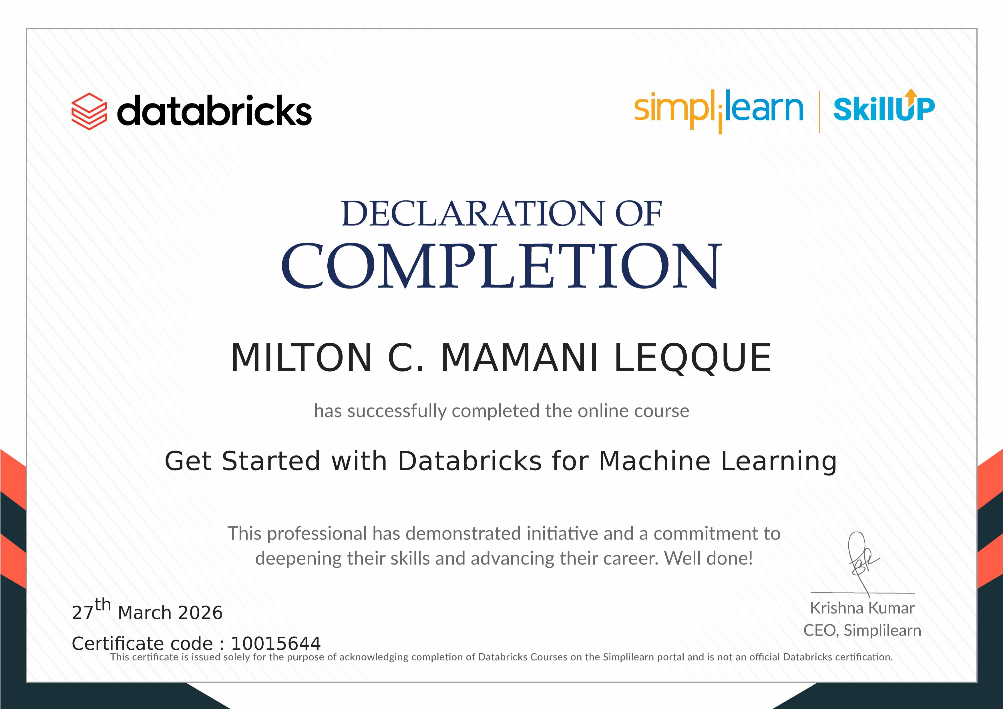 Databricks for Machine Learning Certificate