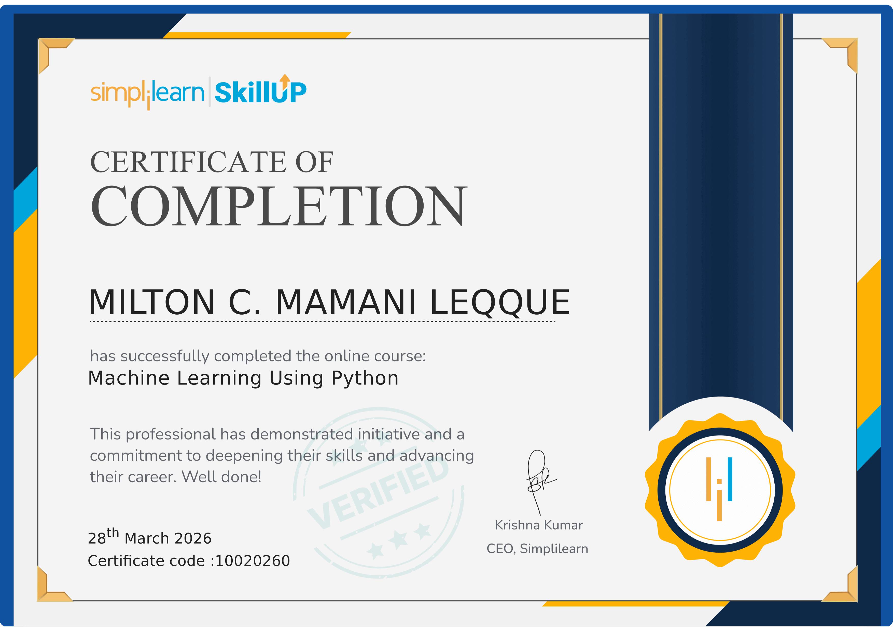 Machine Learning using Python Certificate